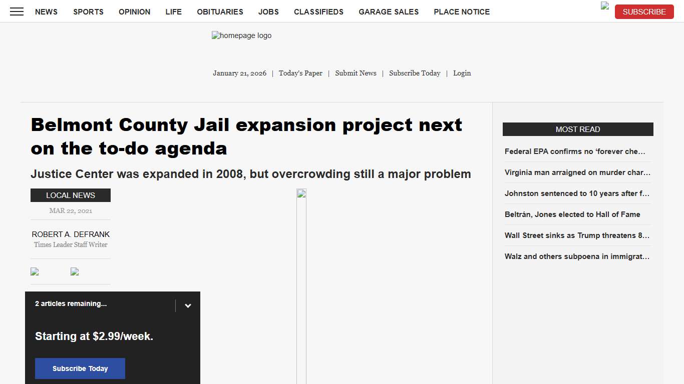 Belmont County Jail expansion project next on the to-do agenda | News, Sports, Jobs - The Times Leader