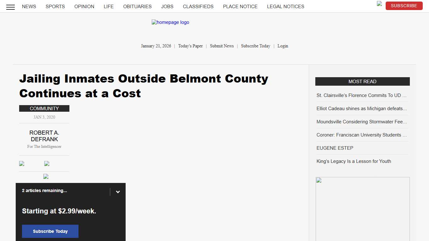 Jailing Inmates Outside Belmont County Continues at a Cost | News, Sports, Jobs - The Intelligencer